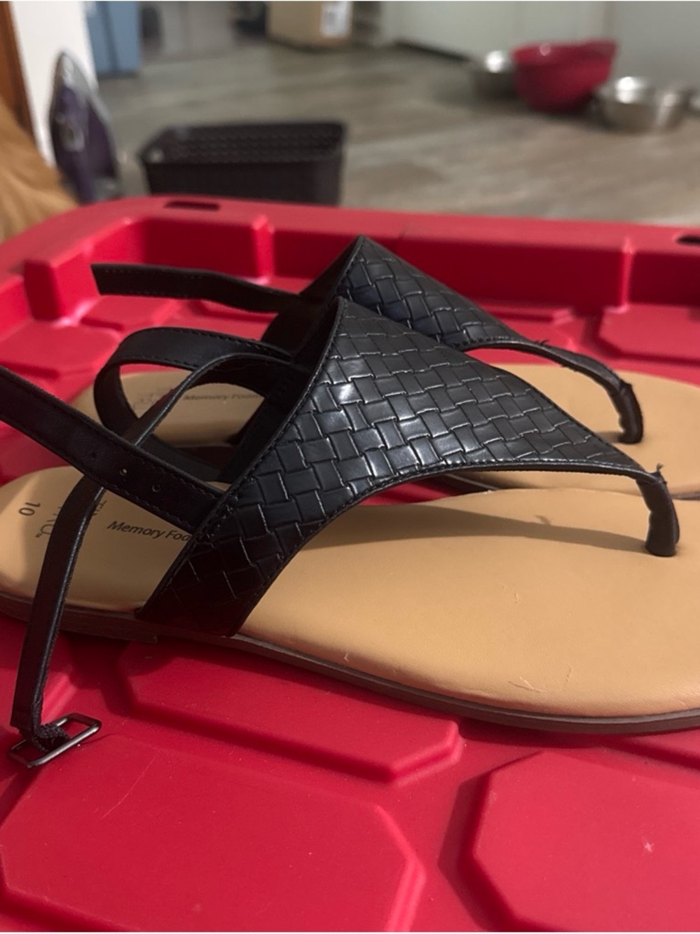 Time and Tru Black Woven Thong Slingback Sandals